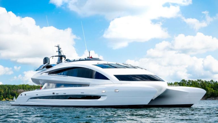 Long awaited: Described as "a spaceship on water," the Royal Falcon One is on the market nearly a decade after it was first commissioned.