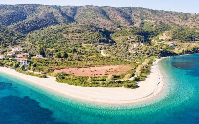 The beach Agios Dimitrios of Alonissos island from drone view, Greece